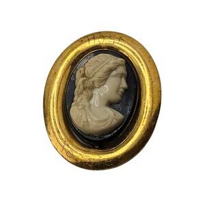 Vintage Cameo Brooch Black White Classical Lady Gold Tone Oval Engraved Name